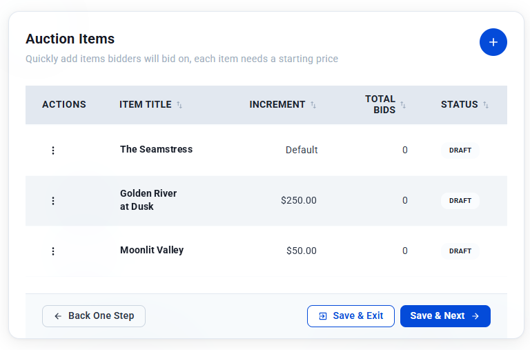 The Auction Items step showing three items with their increments, bids and Draft status