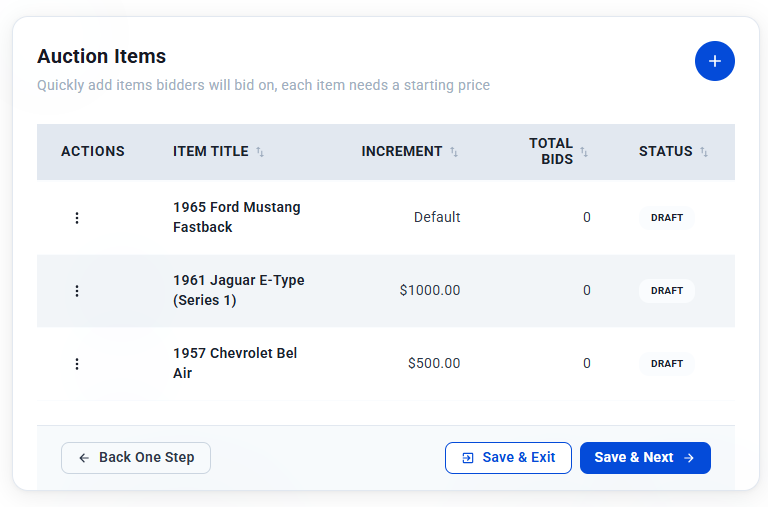 The Auction Items step showing three items with their increments, bids and Draft status