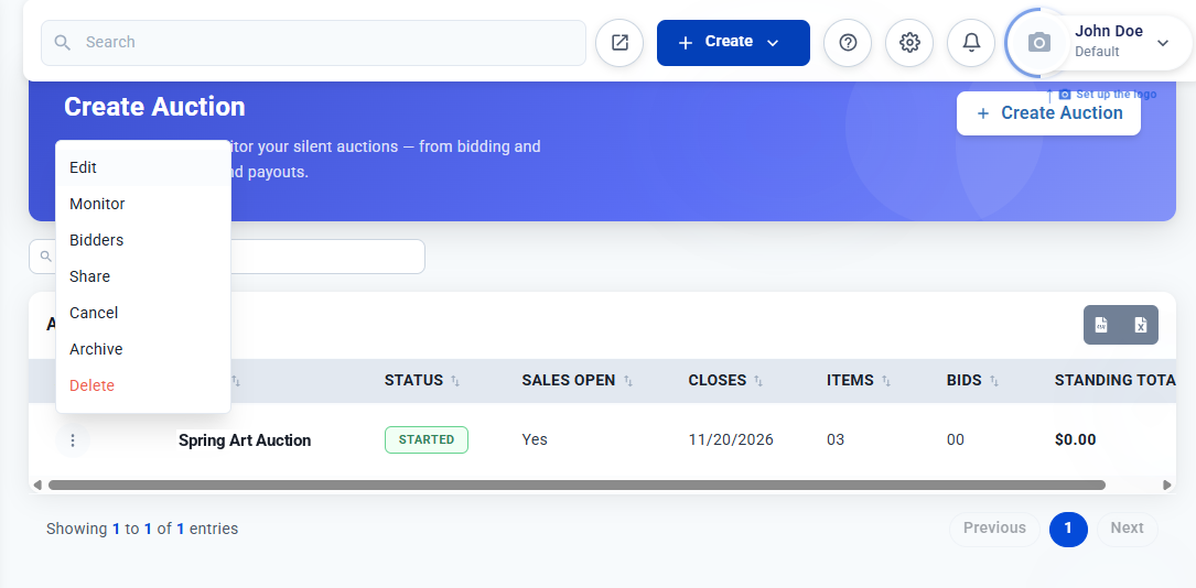 The actions menu on the Auction List with Edit, Monitor, Bidders, Share, Cancel, Archive and Delete