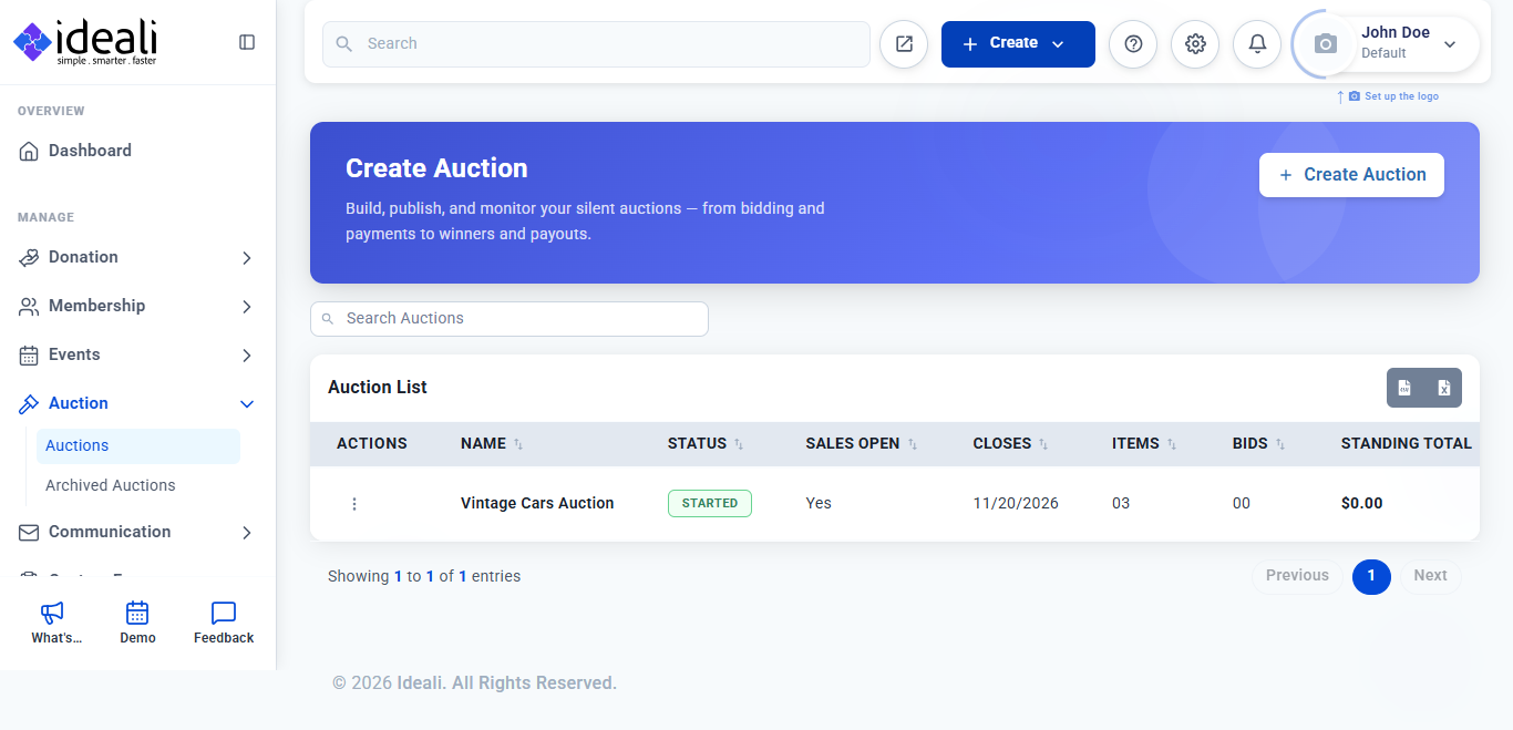 The Auctions page in Ideali showing the Auction List with one started auction
