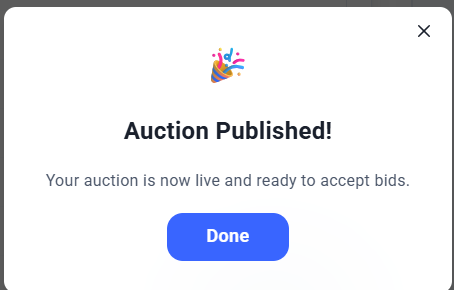 Auction Published confirmation message with a Done button