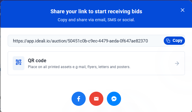 Share window with the auction link and Copy button, a QR code option, and Facebook, email and Messenger buttons