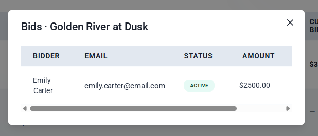 Bids window for Golden River at Dusk showing the bidder, email, Active status and amount