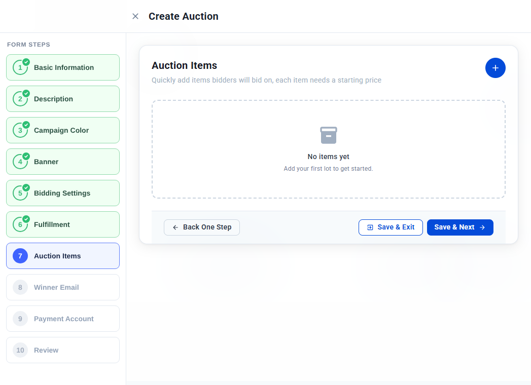 Auction Items step with no items yet and the plus button to add an item