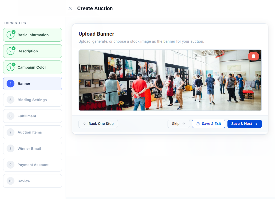 Upload Banner step showing an uploaded banner image and the live preview