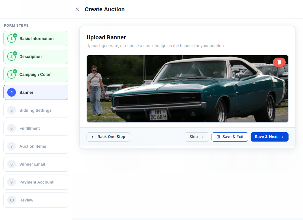 Upload Banner step showing an uploaded banner image and the live preview