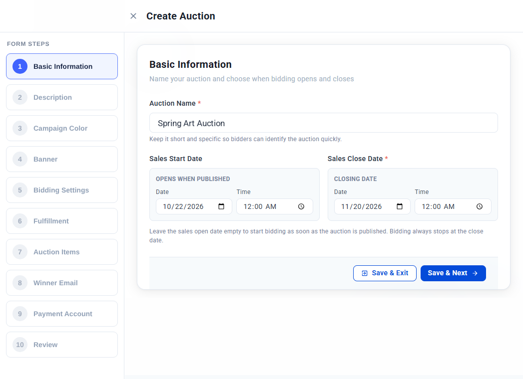The Basic Information step of the Create Auction wizard with the live mobile preview