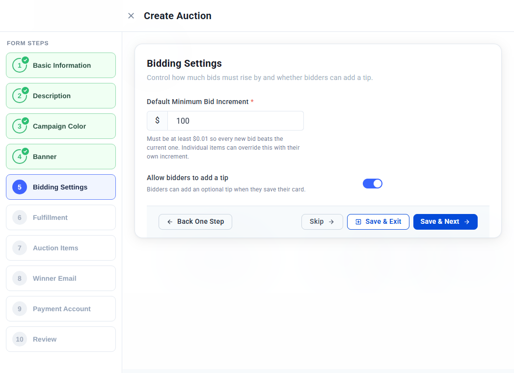Bidding Settings step with a $100 default minimum bid increment and tips turned on