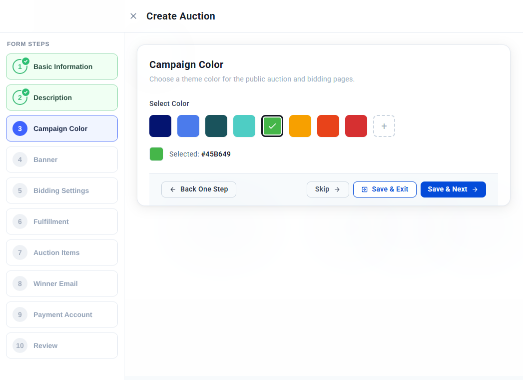 Campaign Color step with eight preset colors and the selected color code