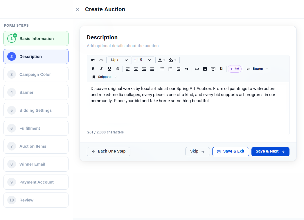 Description step with the text editor and auction description