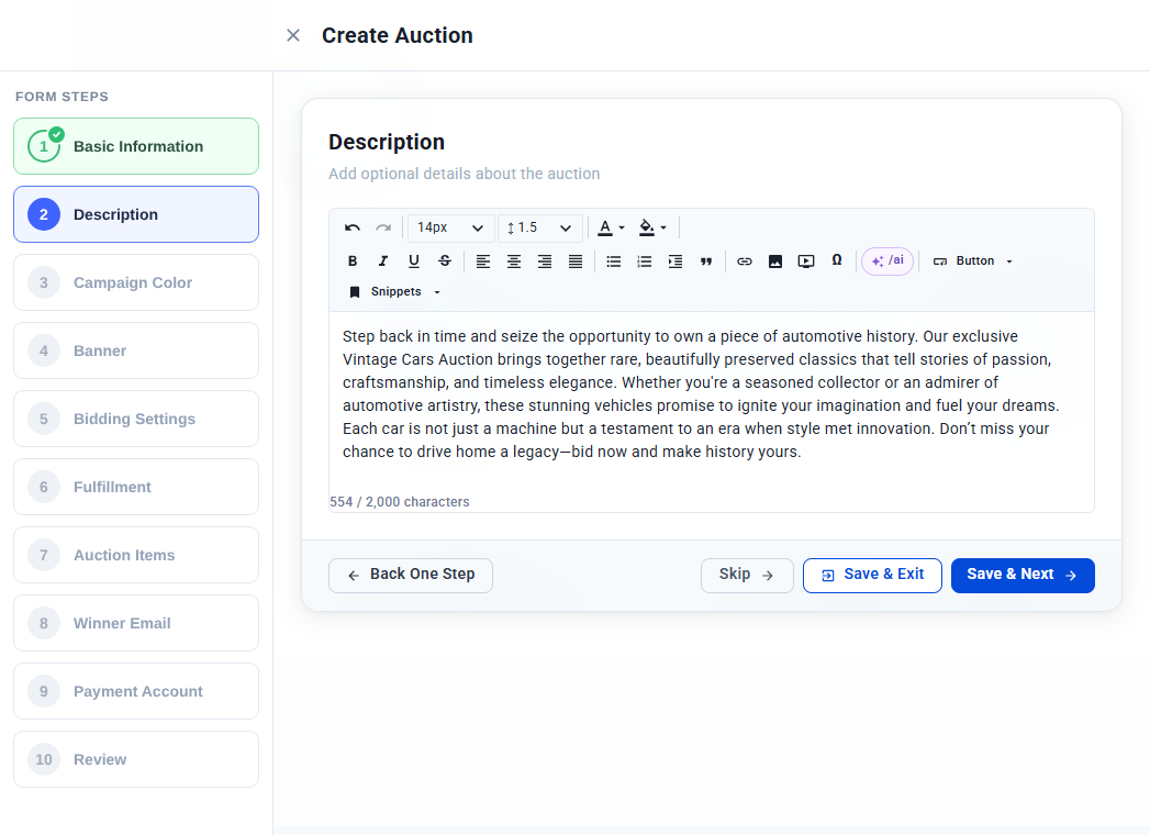 Description step with the text editor and auction description