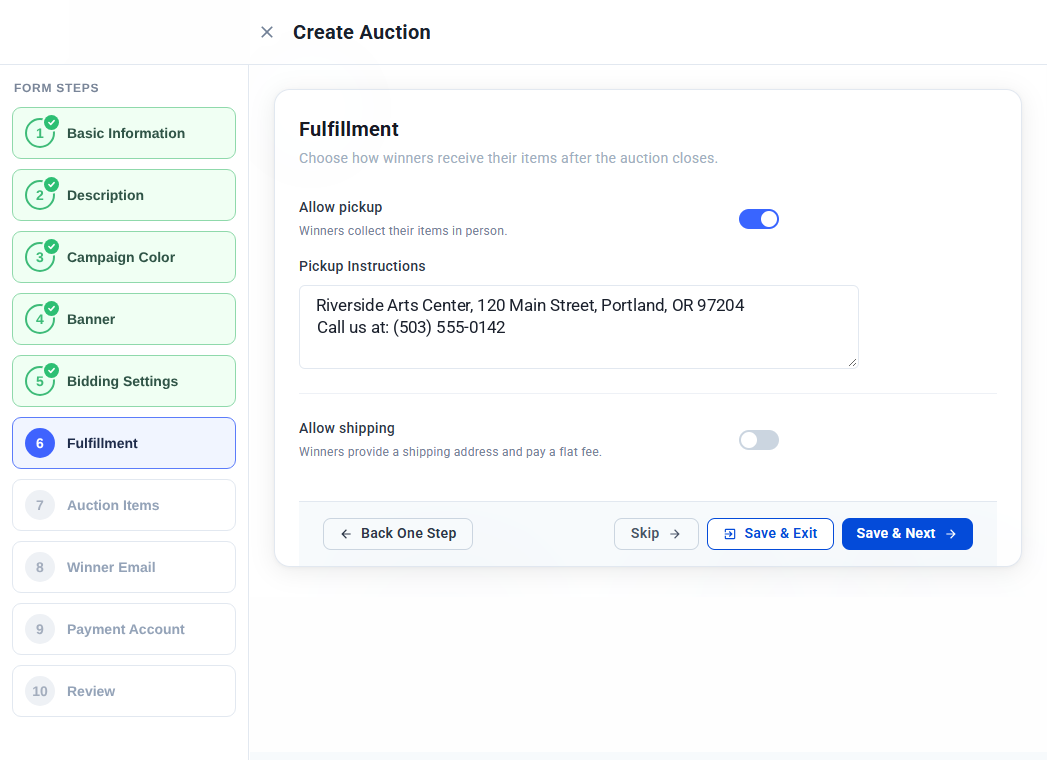 Fulfillment step with pickup turned on and pickup instructions entered
