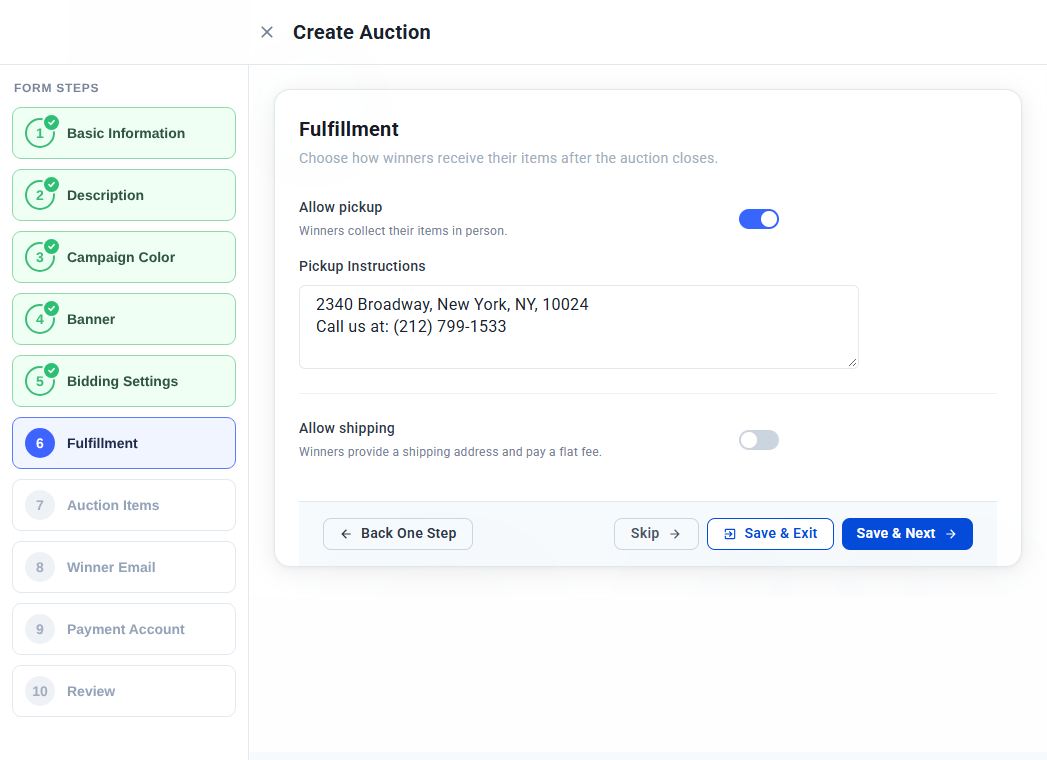 Fulfillment step with pickup turned on and pickup instructions entered