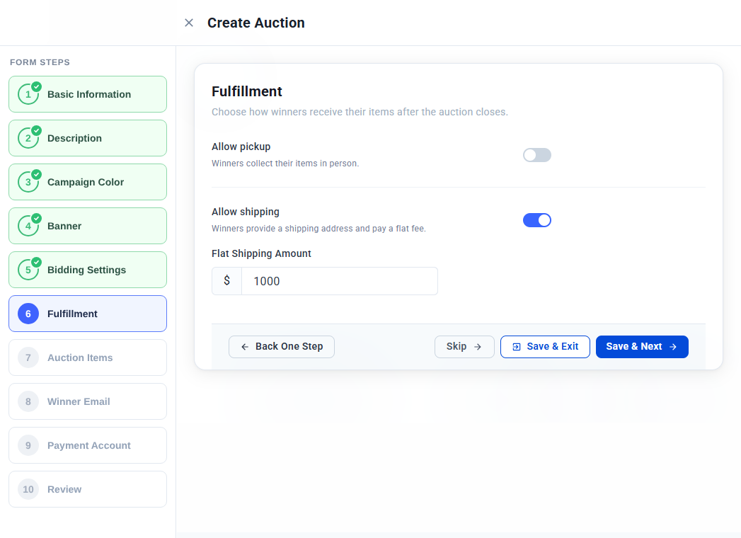 Fulfillment step with shipping turned on and a flat shipping amount entered