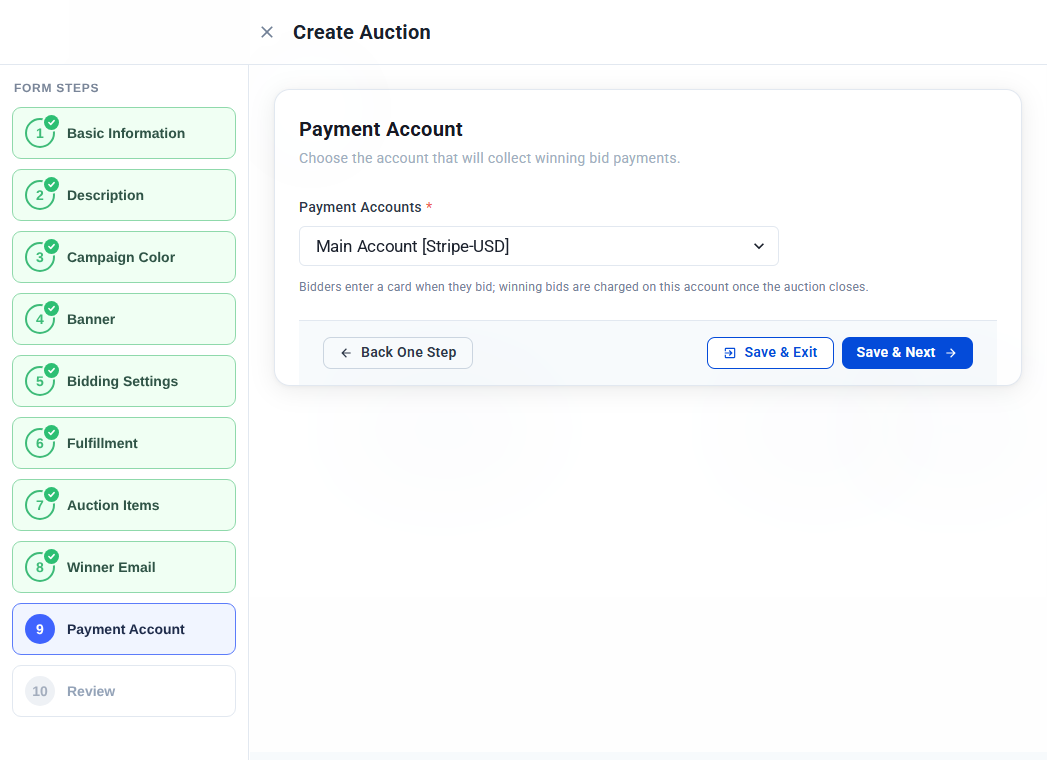 Payment Account step with a Stripe USD account selected