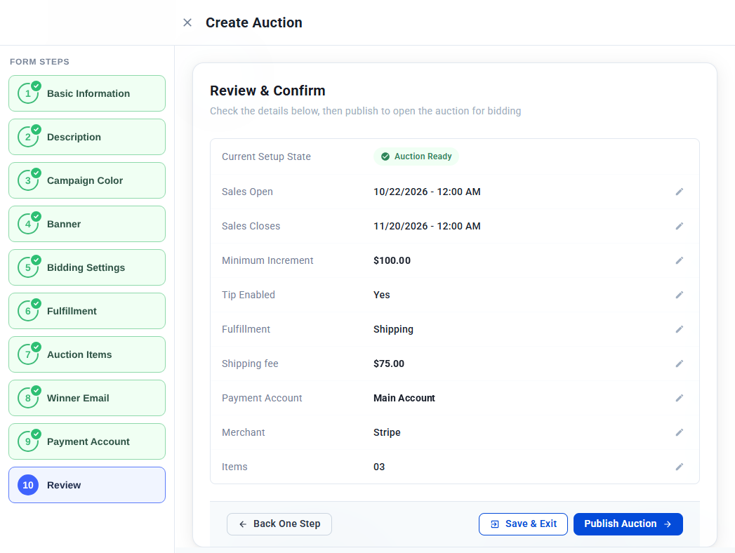 Review and Confirm step showing the auction settings with the Publish Auction button