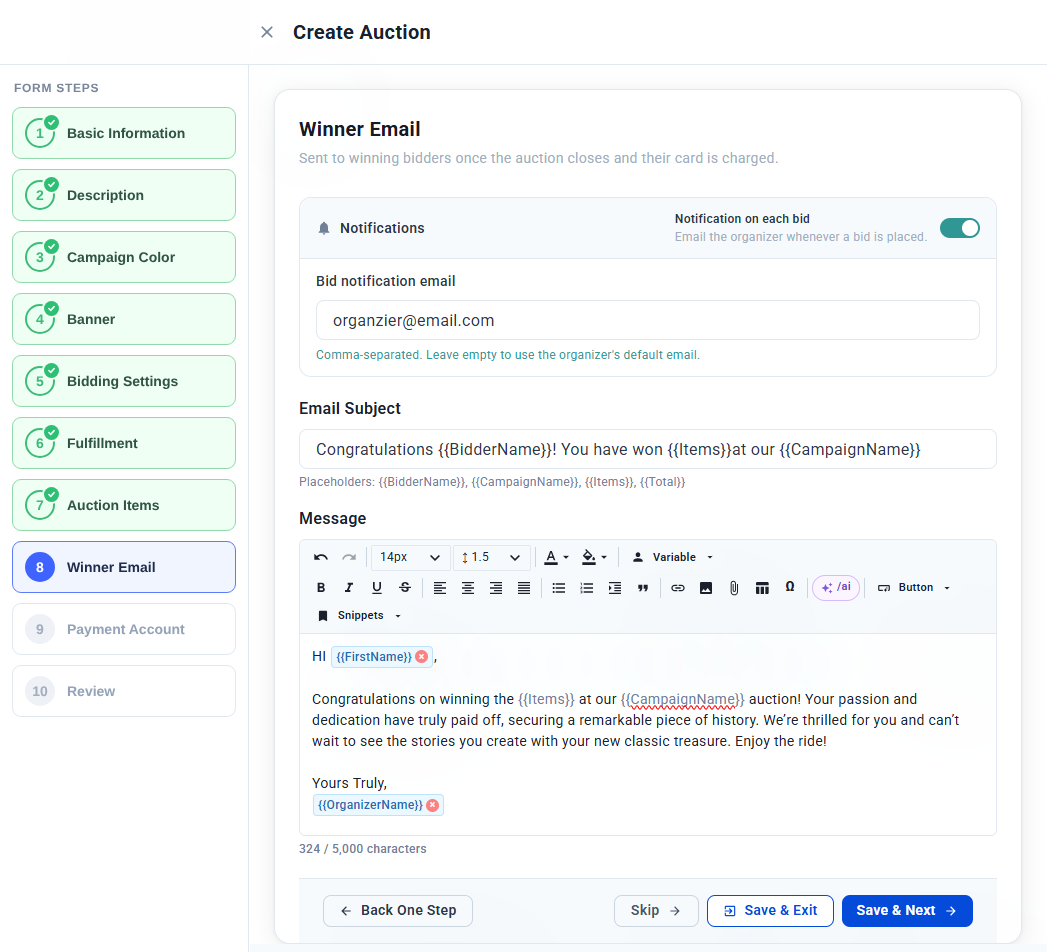 Winner Email step with bid notifications turned on, the email subject with placeholders and the message editor