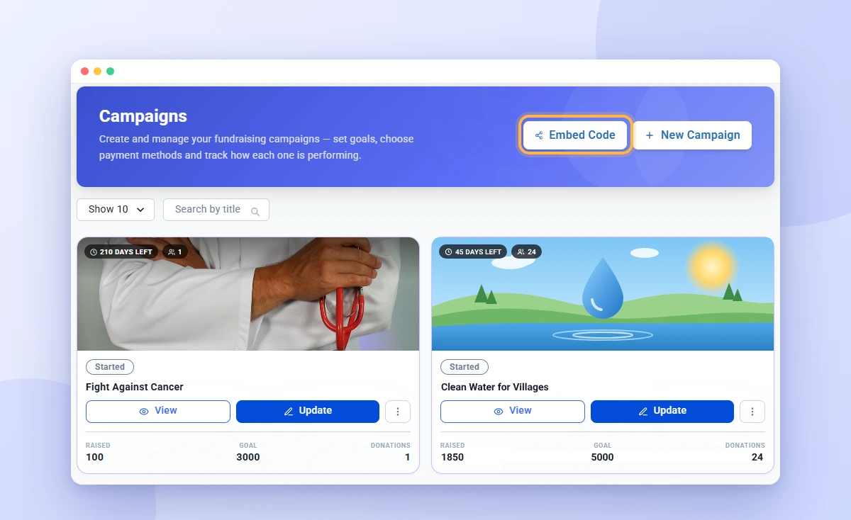 Campaigns page in the Ideali dashboard with the Embed Code button highlighted next to New Campaign