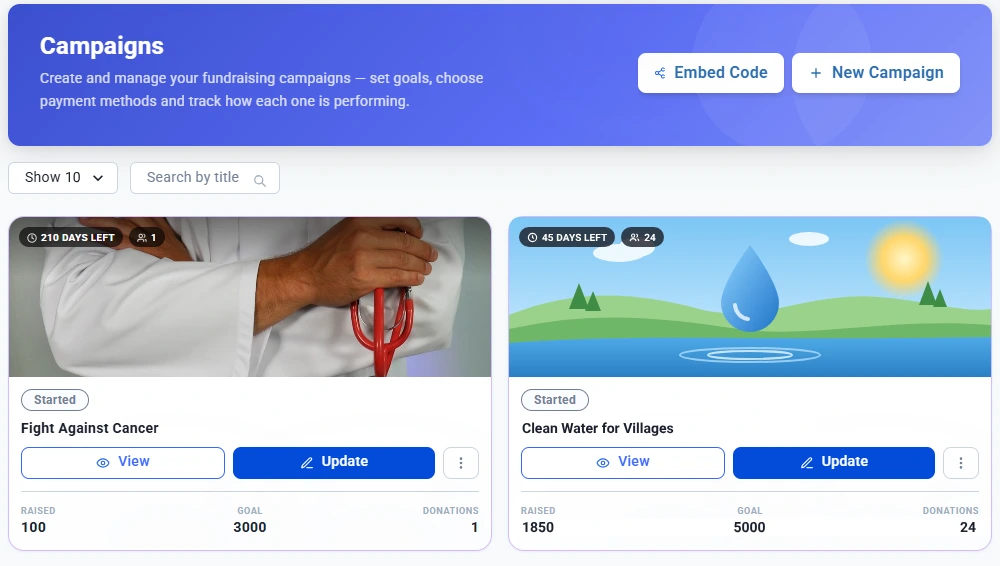 Illustration of an Ideali campaign list embedded on an organization's website, with the embed code being added