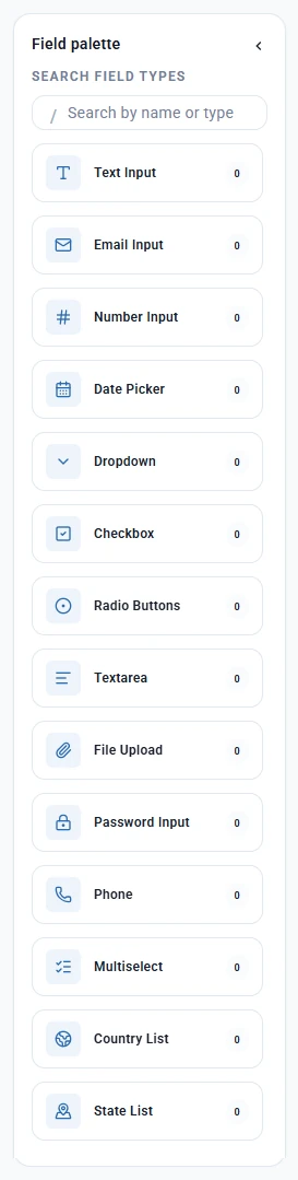 Field palette listing all 14 field types from Text Input to State List, each with a usage count