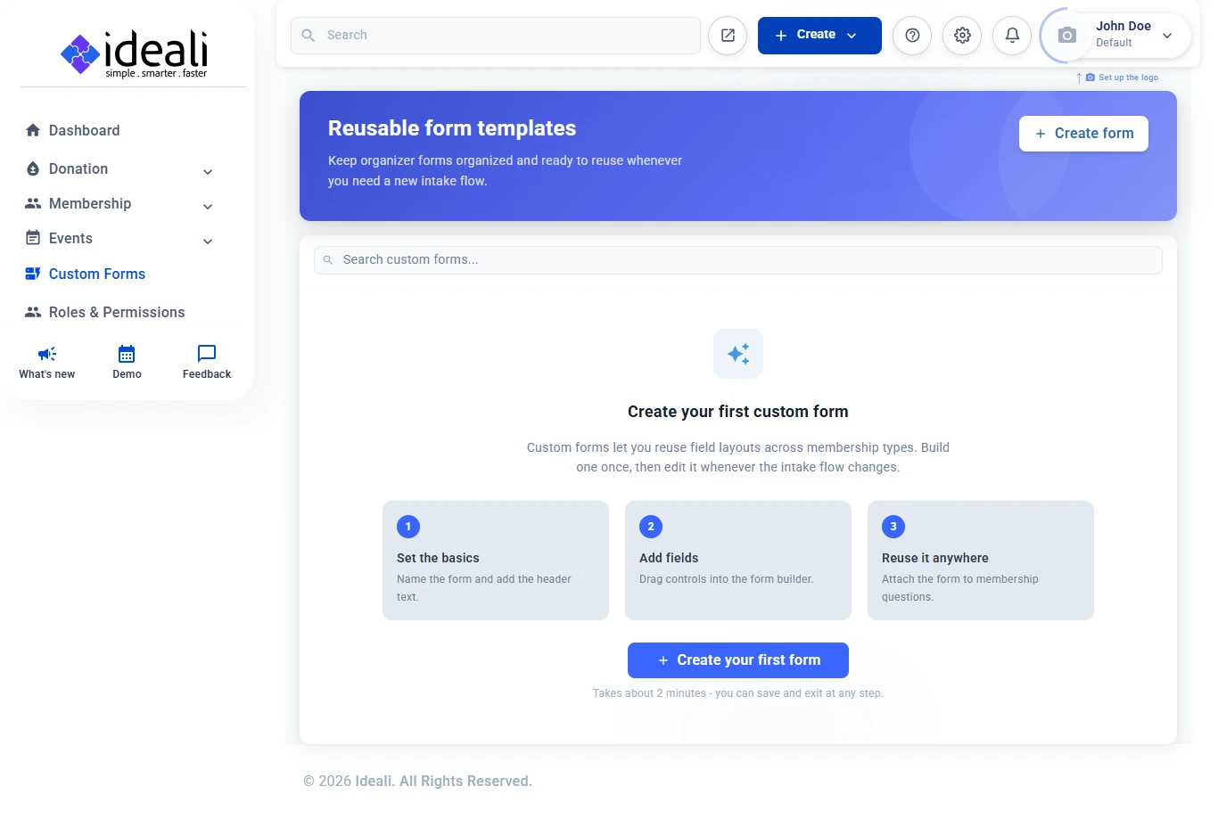 Custom Forms page with the Reusable form templates banner, the Create form button and the Create your first custom form steps
