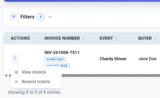 Actions menu for an invoice showing the View invoice and Resend tickets options