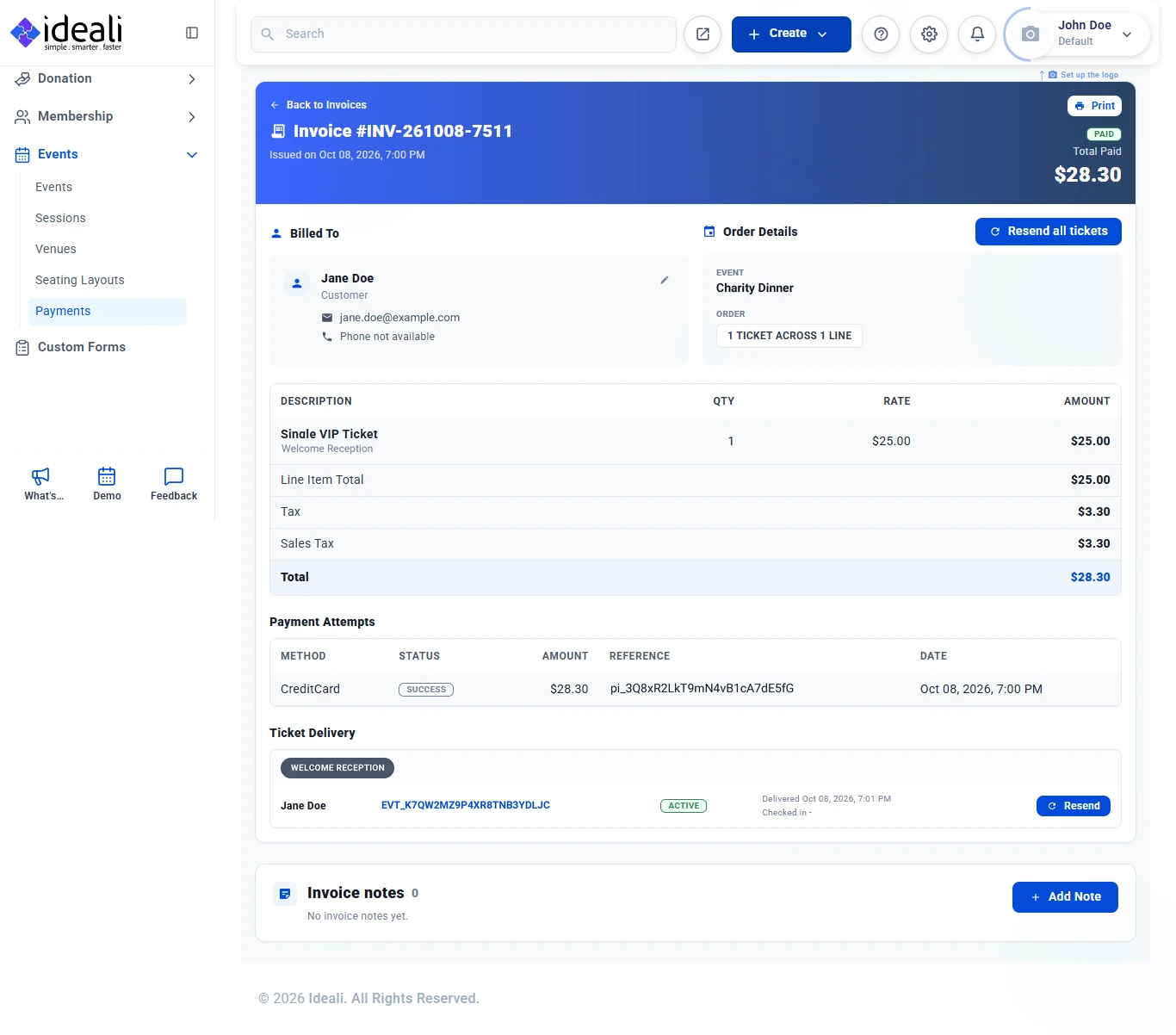 Invoice detail page showing billed to details, order details, line items with tax and total, payment attempts, ticket delivery and invoice notes