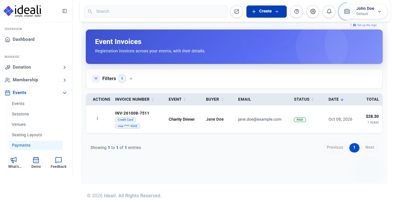 Event Invoices page showing a paid invoice with its invoice number, payment method, event, buyer, email, status, date and total