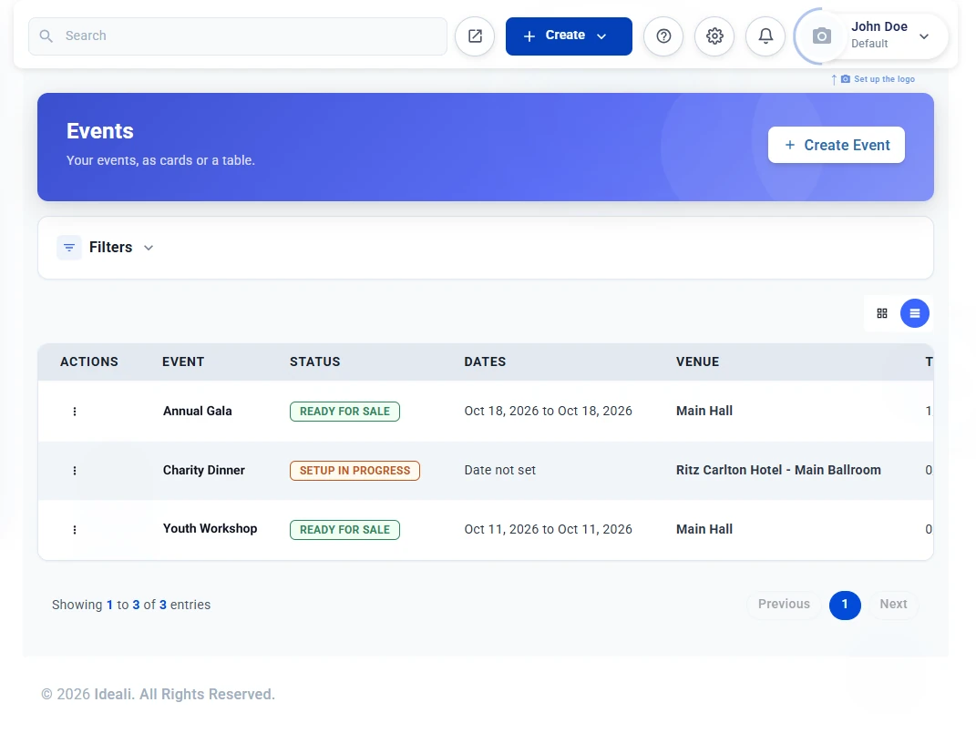Events page in table view showing three events with their status, dates and venue, and the Create Event button
