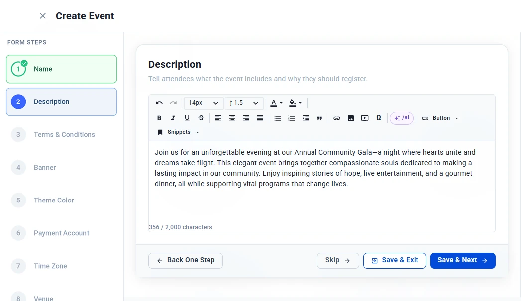 Description step with the rich text editor and an event description entered