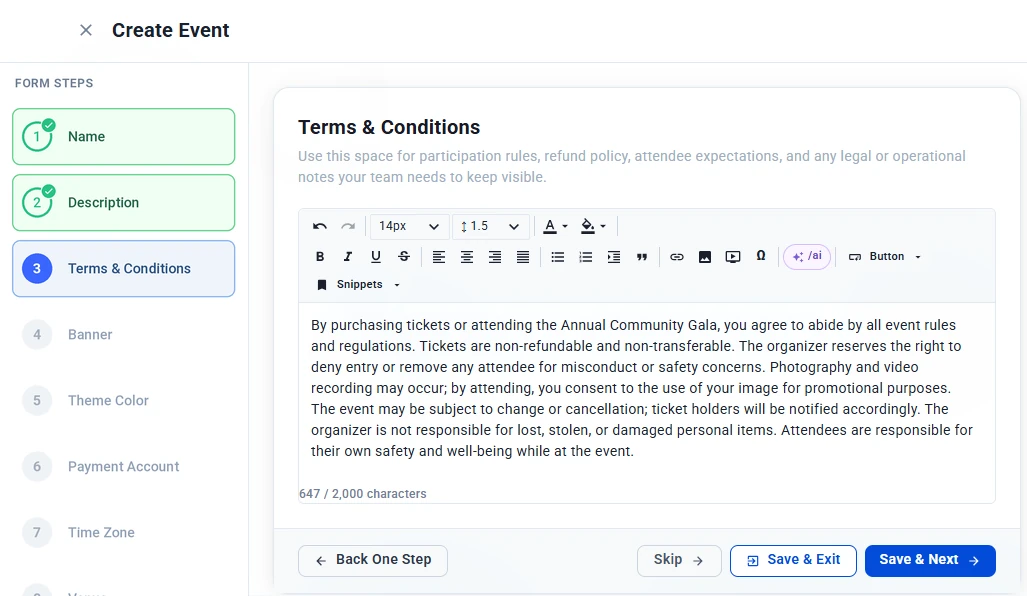 Terms & Conditions step with participation rules and refund policy entered in the editor