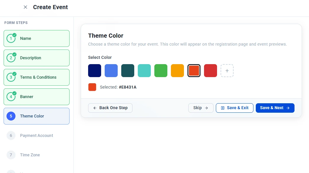 Theme Color step with preset color swatches, the custom color button and the selected color code