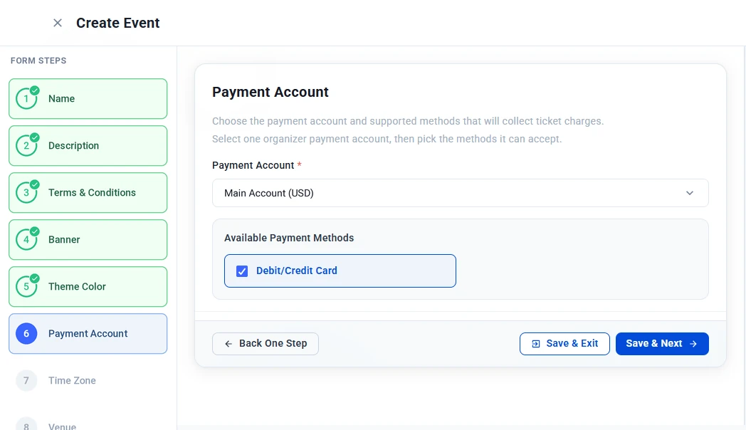 Payment Account step with a payment account selected and Debit/Credit Card ticked as a payment method