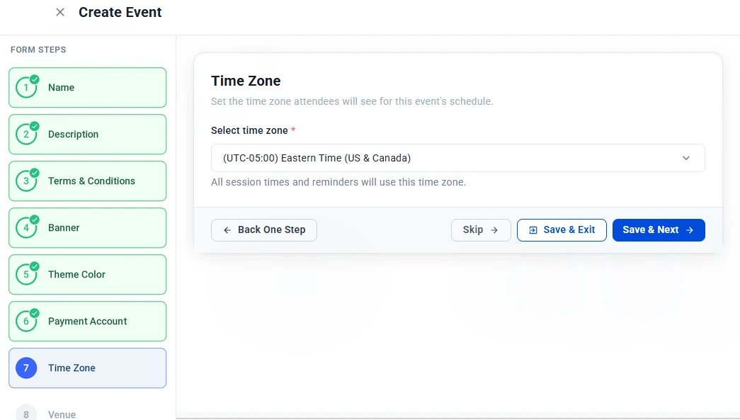 Time Zone step with Eastern Time (US & Canada) selected