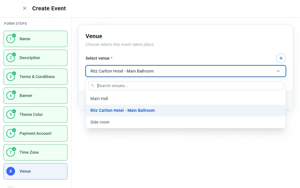 Venue step with the venue dropdown open, showing a search box and saved venues