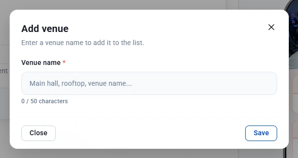 Add venue window with a Venue name field and Save button