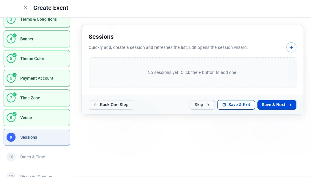Sessions step with no sessions added yet and the + button to add one