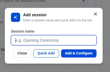 Add session window with a Session name field and Quick Add and Add & Configure buttons