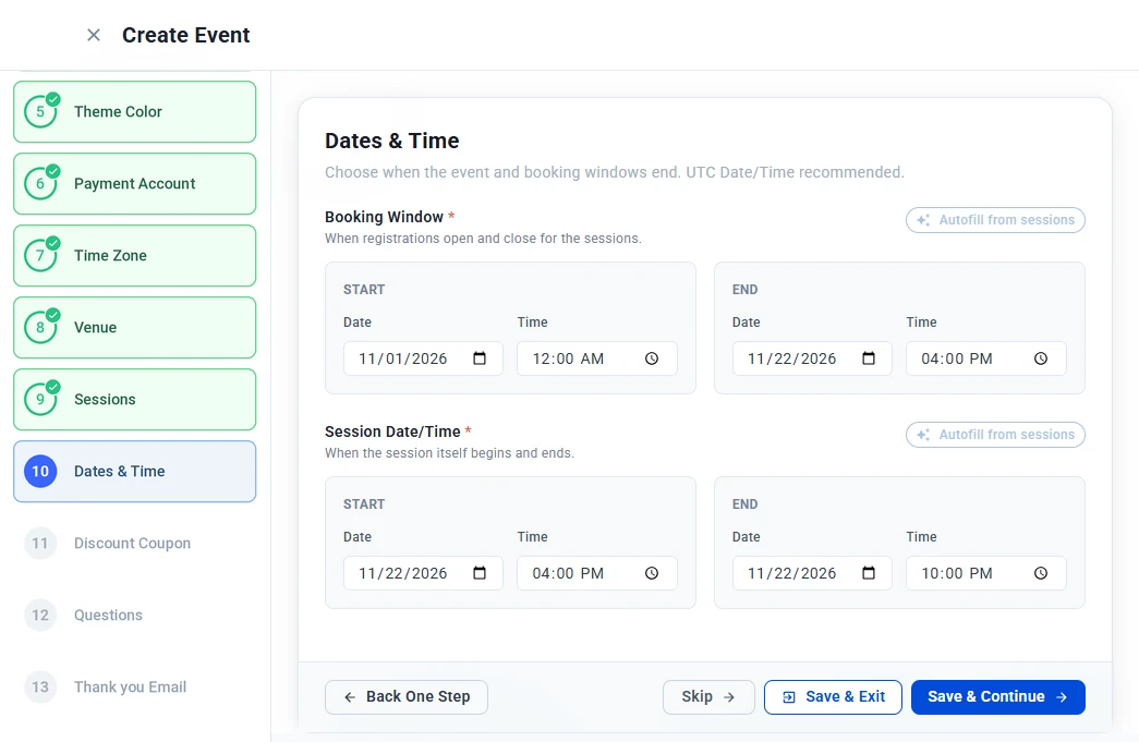 Dates & Time step with booking window and session start and end dates and times, and Autofill from sessions buttons