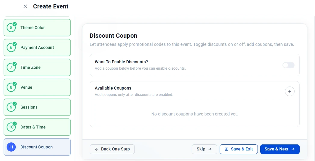 Discount Coupon step with the Want To Enable Discounts toggle and the Available Coupons list