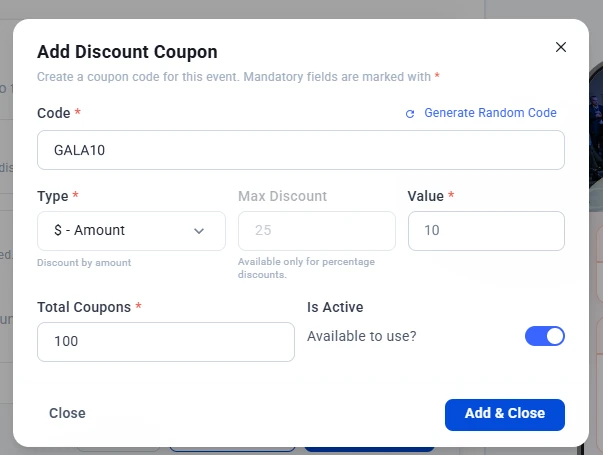 Add Discount Coupon window with code GALA10, amount discount type, value 10 and 100 total coupons