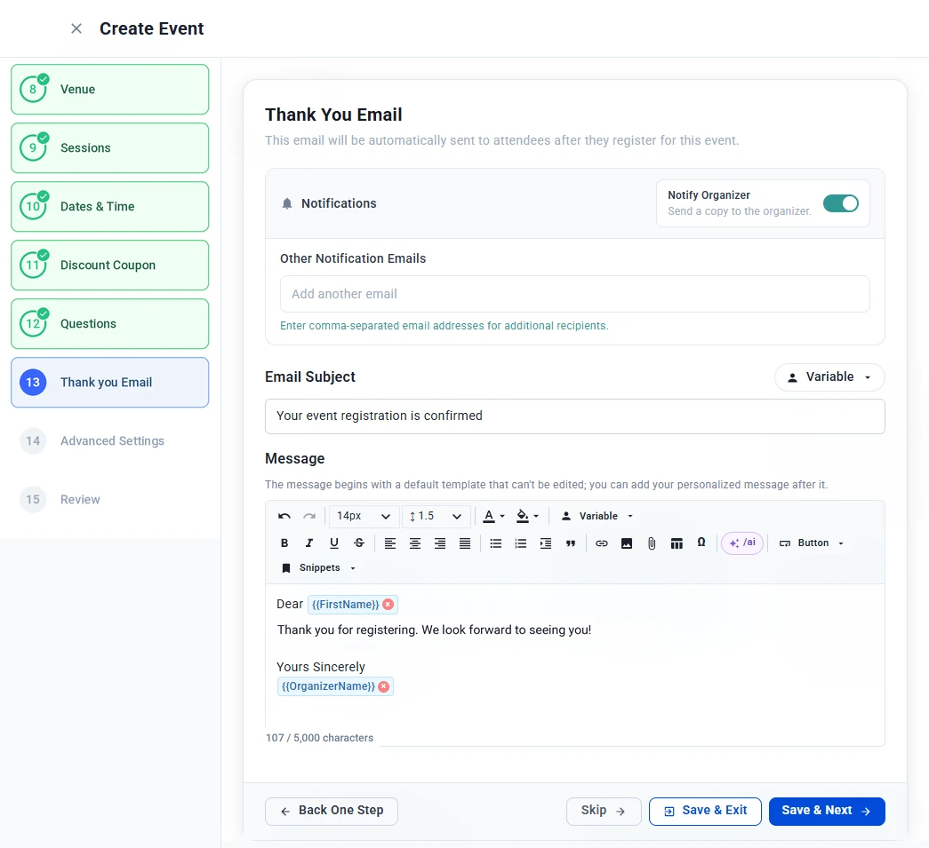 Thank You Email step with Notify Organizer turned on, the email subject and a personalized message using variables