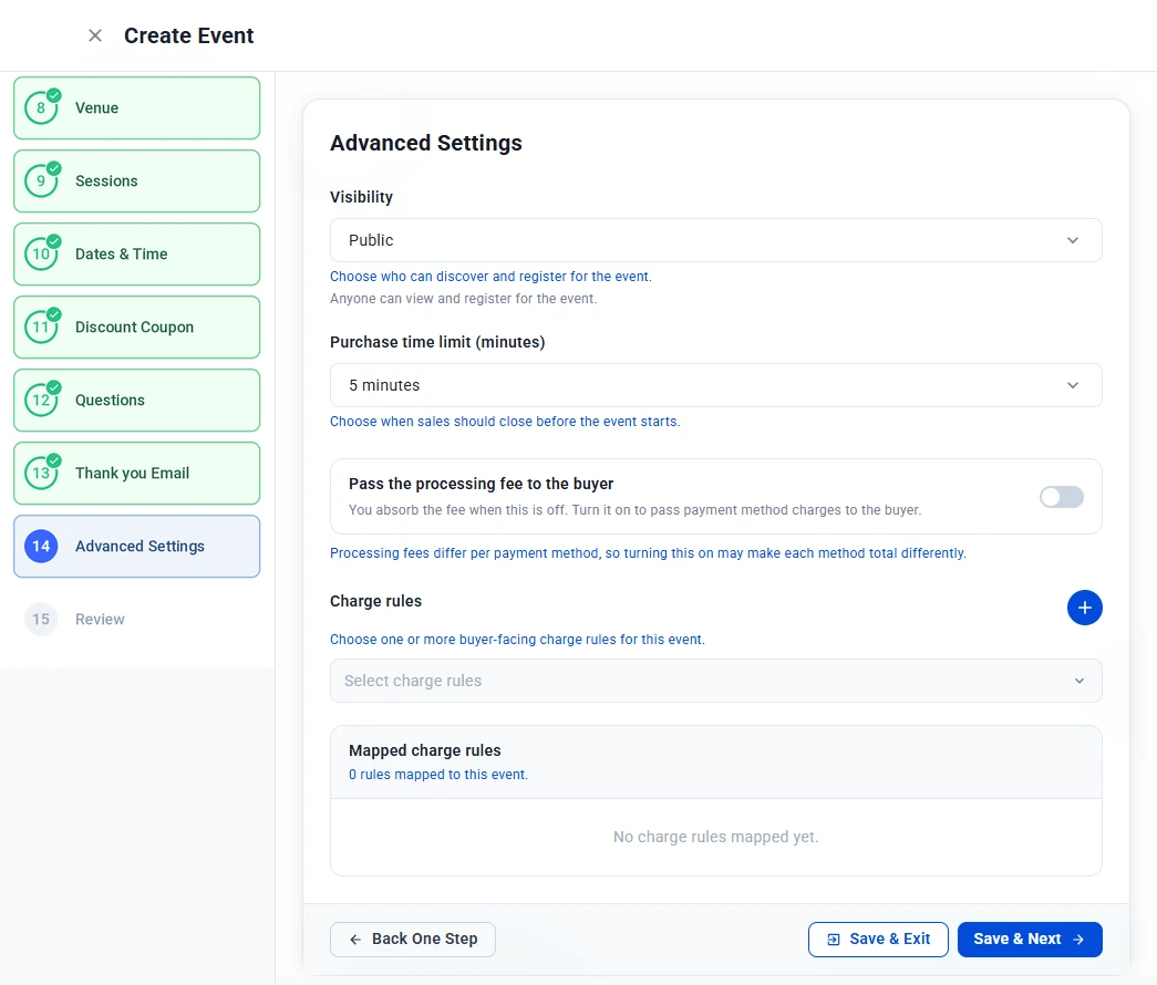 Advanced Settings step with visibility, purchase time limit, pass processing fee toggle and charge rules