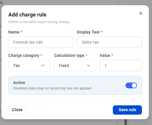 Add charge rule window with name, display text, charge category, calculation type, value and Active toggle