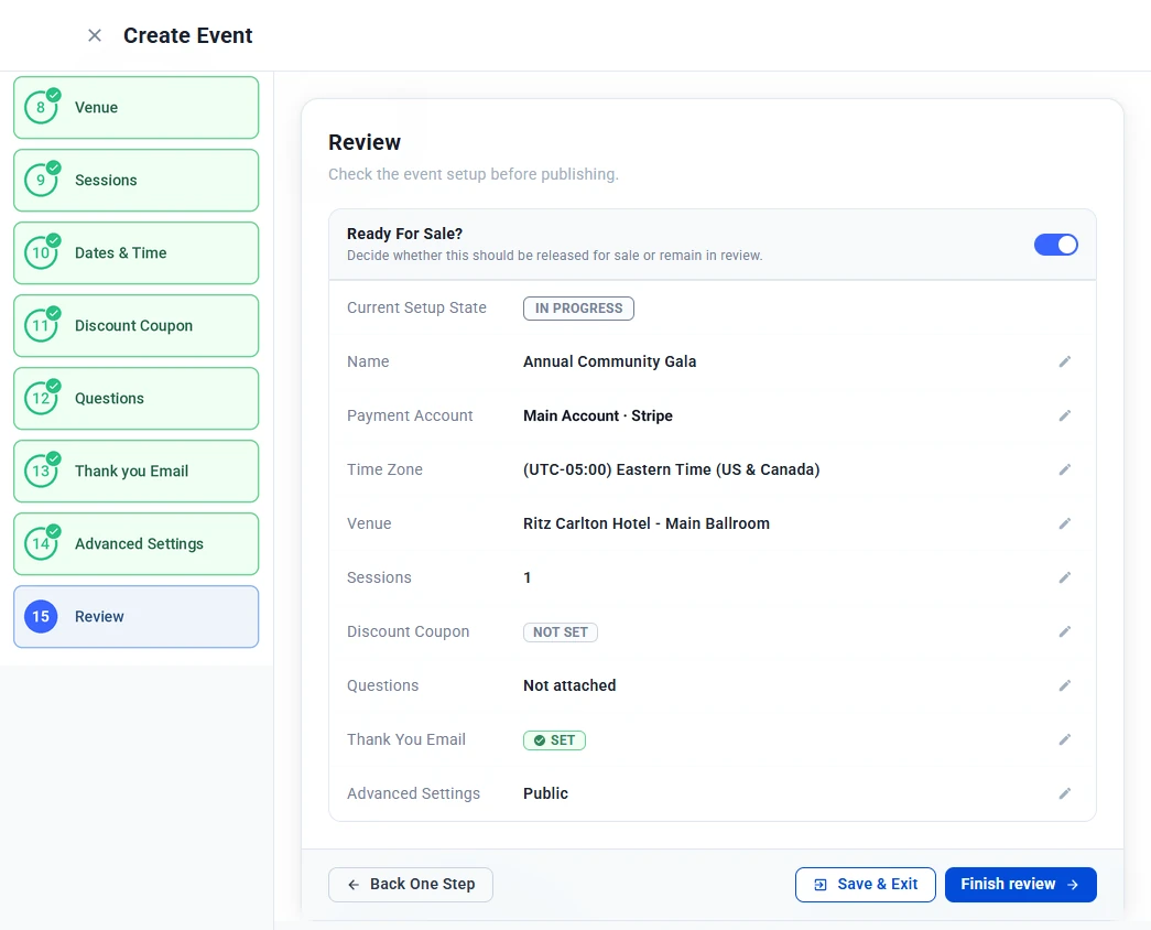 Review step showing the Ready For Sale toggle and a summary of every step with edit icons