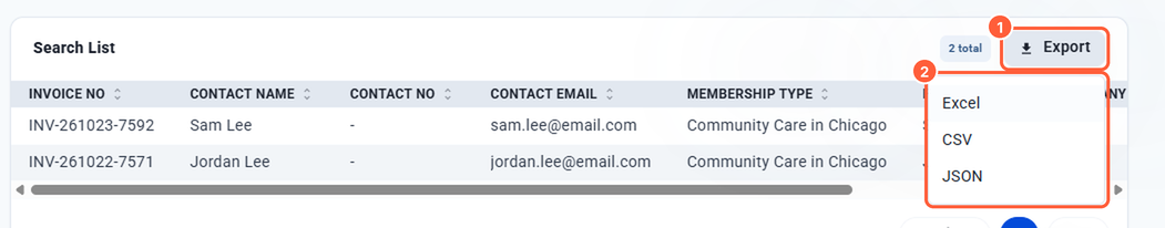 Export menu open with Excel, CSV and JSON options