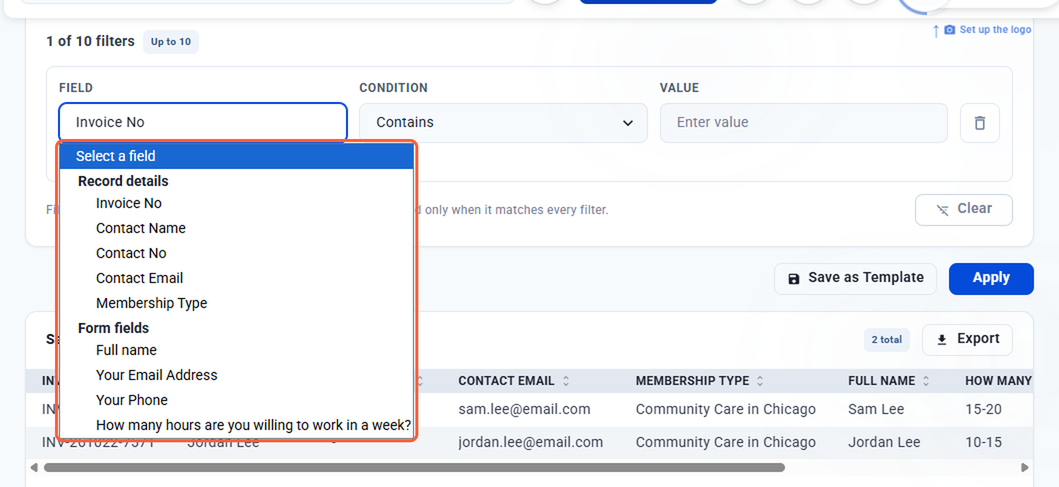 Field dropdown grouped into Record details and Form fields