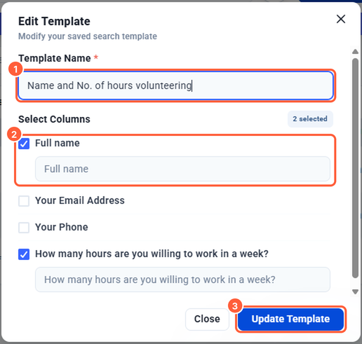 Edit Template window with Template Name, Select Columns with rename boxes, and the Update Template button