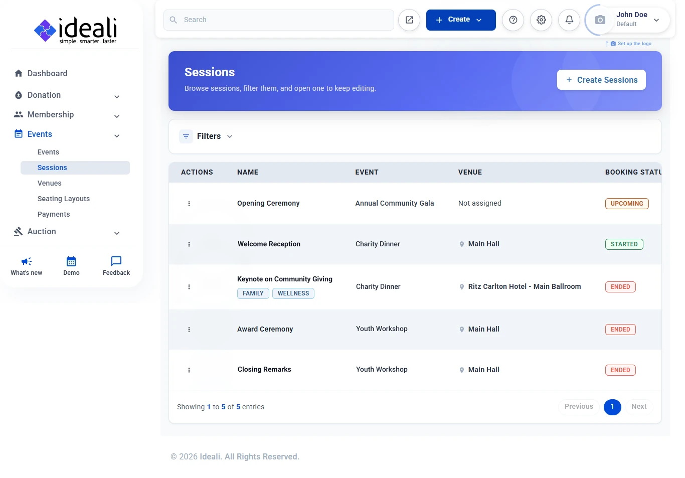 Sessions page listing sessions with their event, venue and booking status, and the Create Sessions button