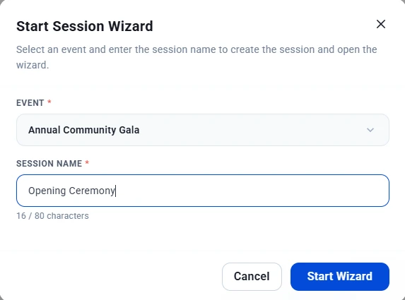 Start Session Wizard window with the Event dropdown, the Session Name field and the Start Wizard button